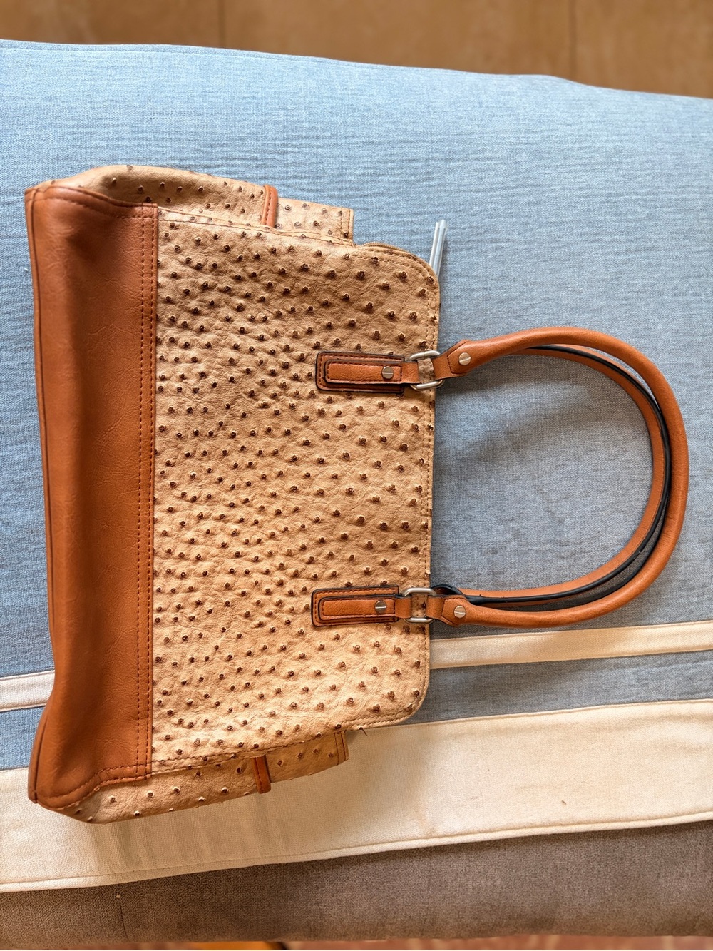 Ostrich-Texture Tan Leather Tote with Smooth Trim